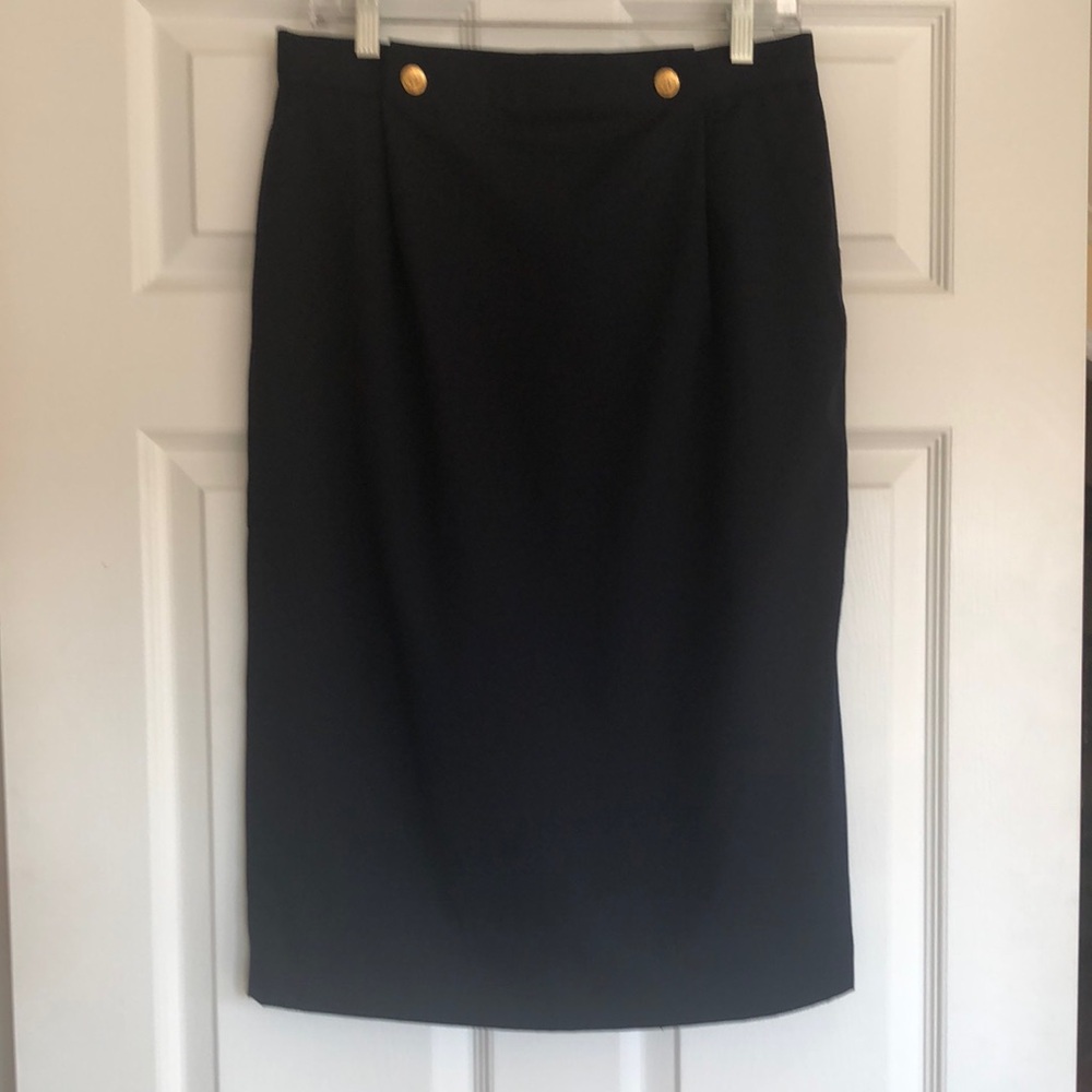 Classic Navy Pencil Skirt with Gold Button Detail Wool Blend